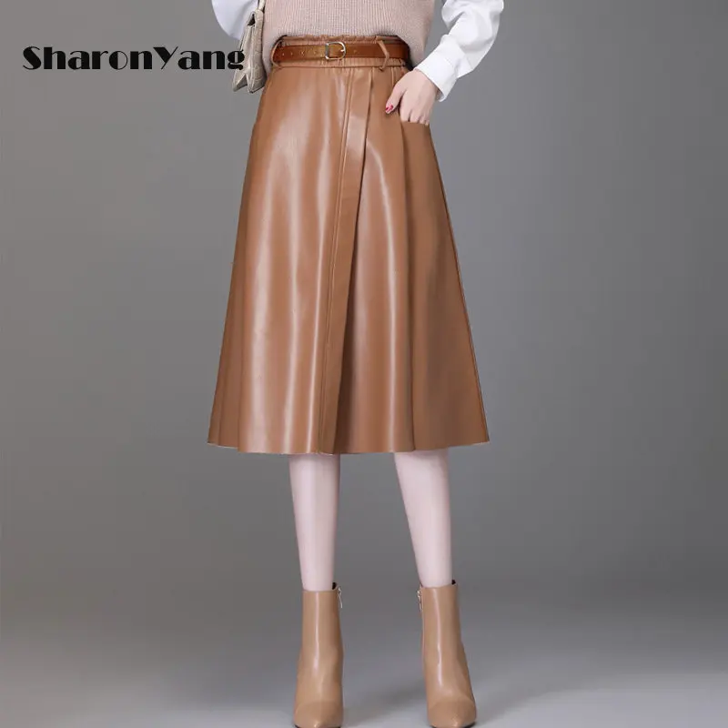 

M-4XL Black Skirt Women 2022 A-line Leather Skirt Woman Knee Length Pu Skirts for Womens Korean Style