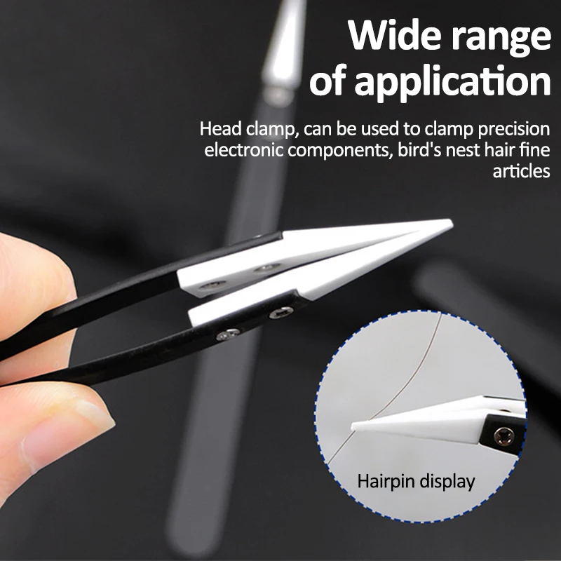 Black Handle Ceramic Stainless Steel Tweezers Straight & Curved Pointed Tip Acid and Alkali Resistant Insulation Clamping Tools tweezer tool,ceramic tweezers