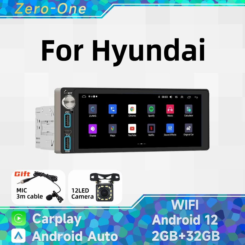 

Wireless Carplay Autoradio 1Din Radio Android 13 Car Multimedia for Hyundai 6.86" Screen Stereo Head Unit GPS Navigation Wifi BT