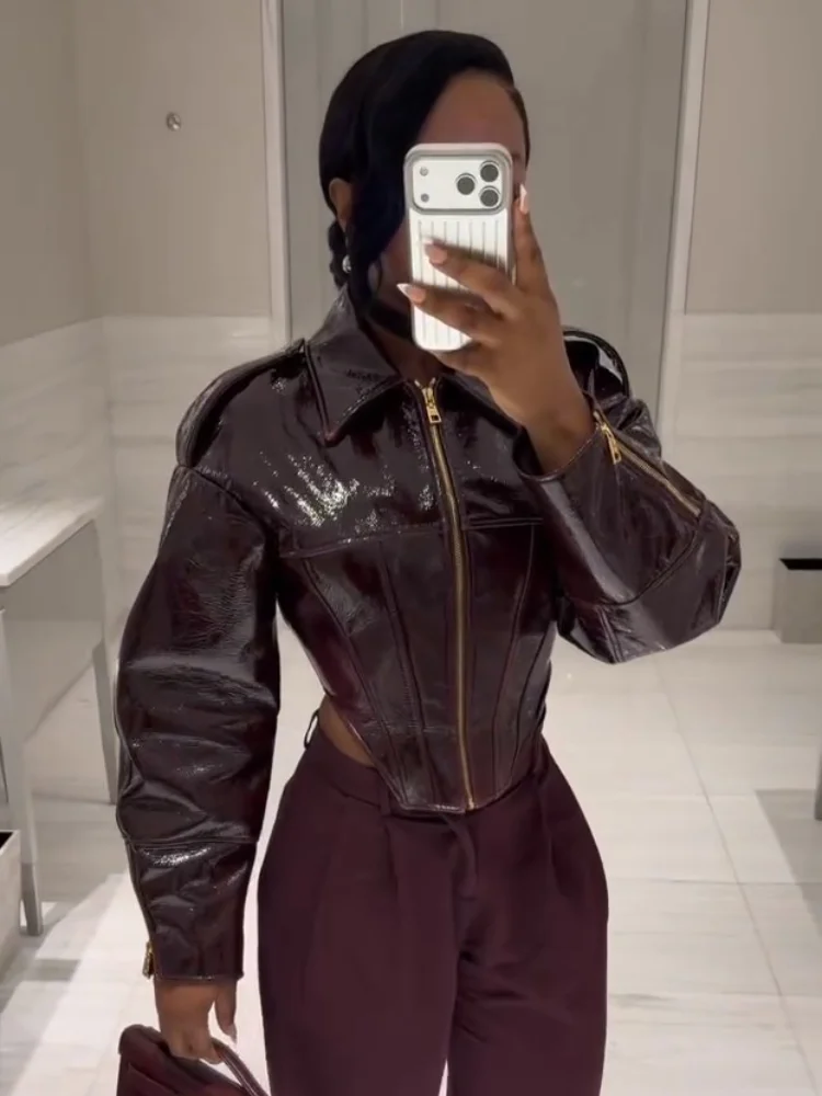 Women's Cropped Faux Leather Jacket Coat Vintage Balloon Sleeve Biker Style PU Outerwear Chic High Street 2026 Spring New Outfit