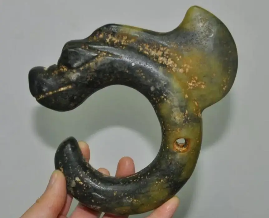 5"China Hongshan Culture old Jade carve sacrifice Feng Shui dragon hook statue 6