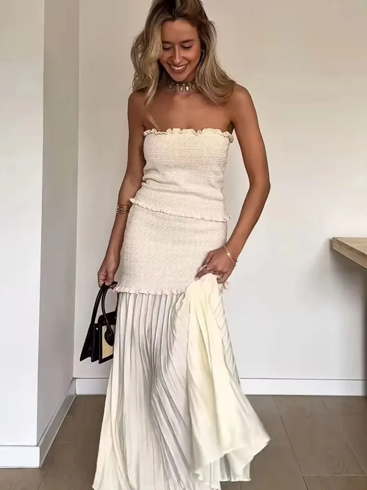 HH Women Elegant Solid Knitted Skirts Suit Sleeveless Backless Short Vest Tops Ruffles Splicing Skirt High Street Lady Sets