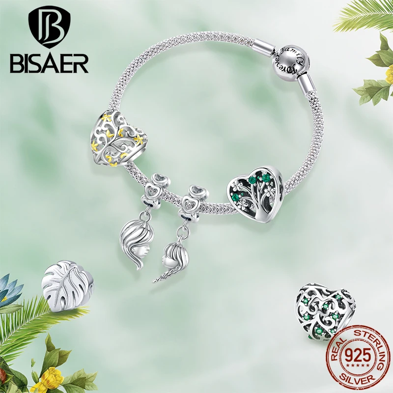 BISAER 928 Sterling Silver Charm Beads - European & U.S. Style, Family Tree, Lucky Hand, Heart & Tree Of Life With Cubic Zirconia