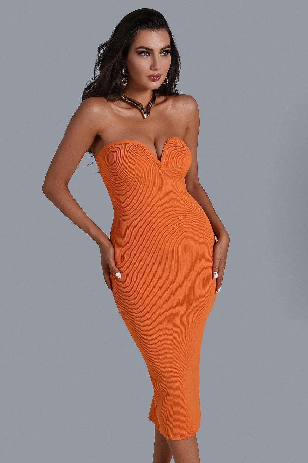 

Fashion Slim Women Bandage Dress summer Orange Black Knitting Strapless Celebrity Nightclub Bodycon Dresses Stage Costume