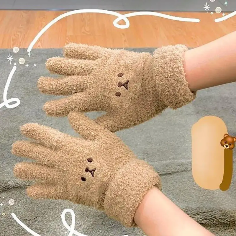 Adorable Gloves Portable Winter Gloves Cute Soft Fluffy Plush Winter Gloves Cartoon Bear Winter Warm Full Finger Gloves