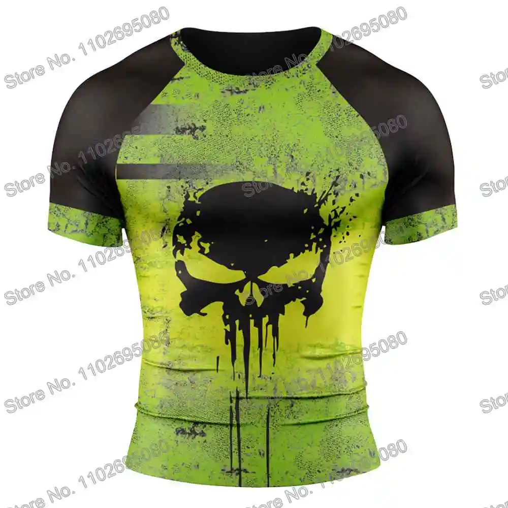 Justiceiro Rash Guard Maglietta da sub Pantaloncini BJJ Boxe MMA Costumi da bagno Uomini Estate Manica corta Abbigliamento da surf Donne Magliette da palestra Abbigliamento sportivo