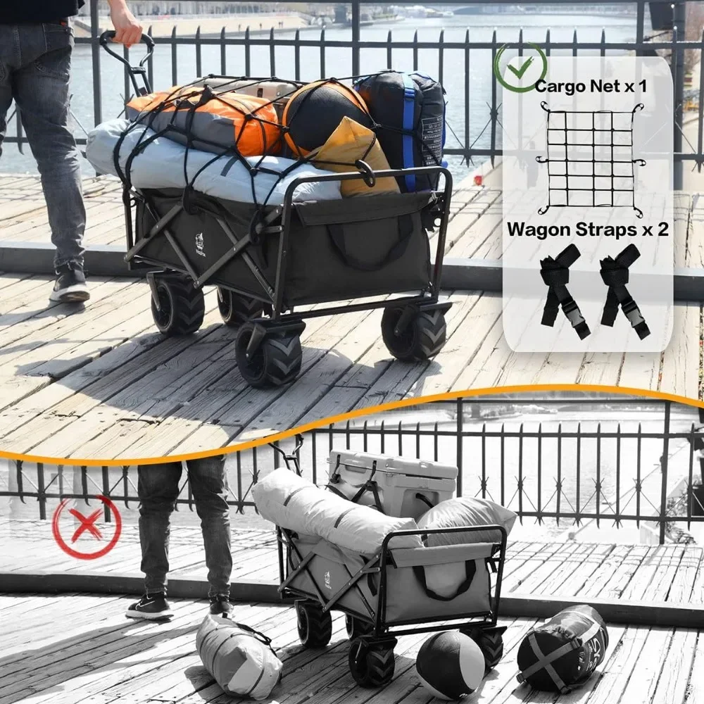 Collapsible Wagon Cart Heavy Duty Foldable Beach Cart W All-Terrain Wheels for Sand with Cargo Net, Straps, Utility Beach Wagon