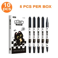 Set of 10 Double - Ended Cat Pens, Quick - Drying Black Ink, Cute Stationery (Black)