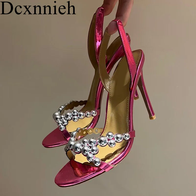 

Genuine Leather Water Diamond Rivet Decor High Heel Sandals Women's Open Toe Pumps Summer Sexy Party Dress Shoes Wedding Shoes