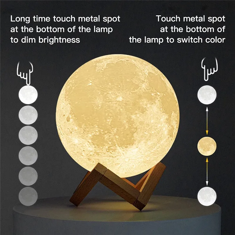 3 Color Rechargeable 3D Print Moon Lamp Touch Moon Lamp LED Night Light Children's Night Lamp Bedroom Decoration Birthday Gifts 5