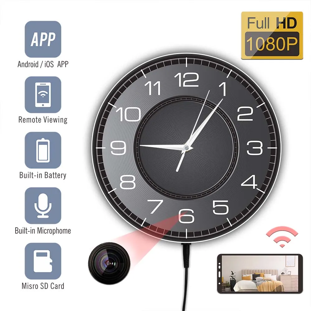 Round Printed Silent Black Aluminum Frame Wall Clock LED Camera Clock  