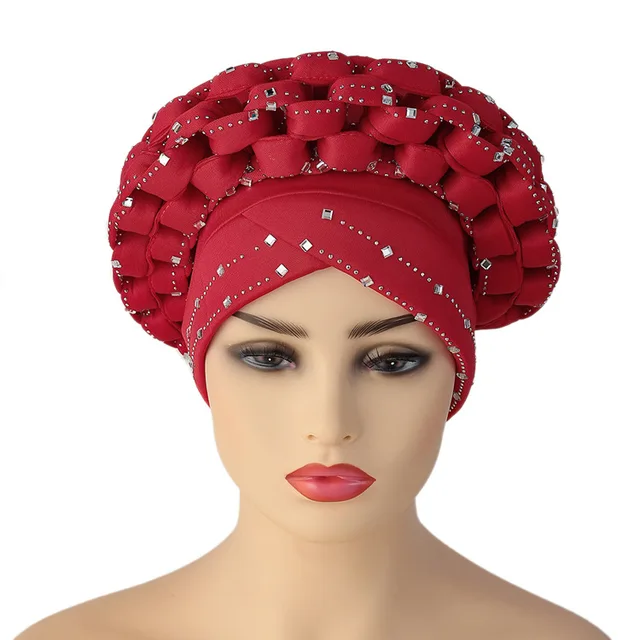 Inlaid with Diamonds African Pattern Pre-Tied Bonnet Turban Knot Cap Headwrap Hat Auto Gele Robe Africaine Aso Oke Ready To Wear Cap049