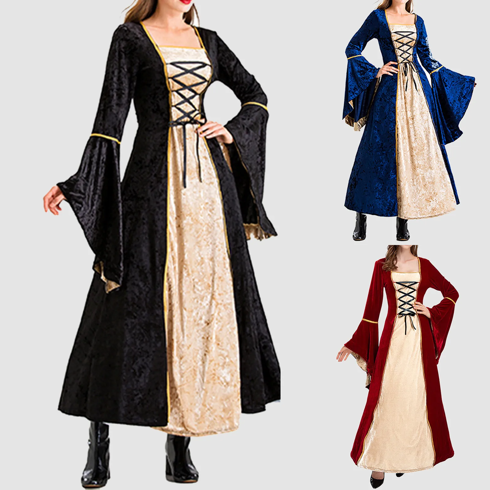 Vestido medieval para mujer, disfraz de princesa renacentista, color rojo y  negro, vestido gótico de terciopelo vintage con manga de trompeta