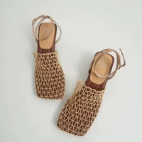 2024 Summer Luxury Designer Sandals Women's Lace Mesh Square Toe Shallow Narrow Strap Braided Slip-on High Heels Sandals - Image 6