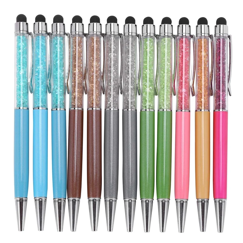 

12Pcs/Pack Bling Bling 2-In-1 Slim Crystal Diamond Stylus Pen And Ink Ballpoint Pens (12 Colors)