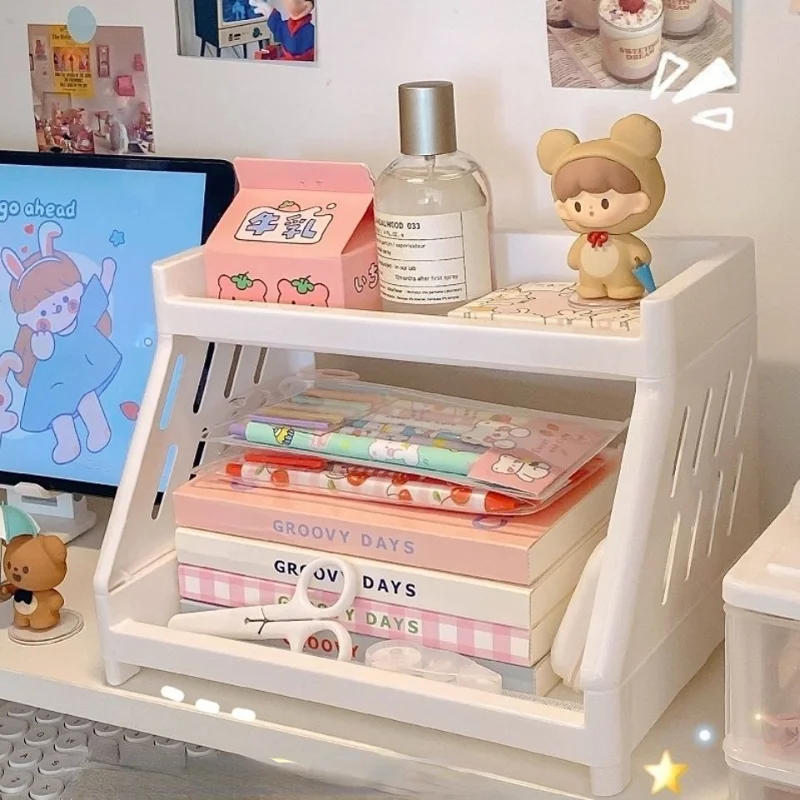 Kawaii Double Layers Desktop Storage Shelves Stationery Organizers Rack Large-capacity File Storage Tray Office Desk Accessories for desktop storage shelf stationery organizer document organizer desktop storage kit stationery storage box