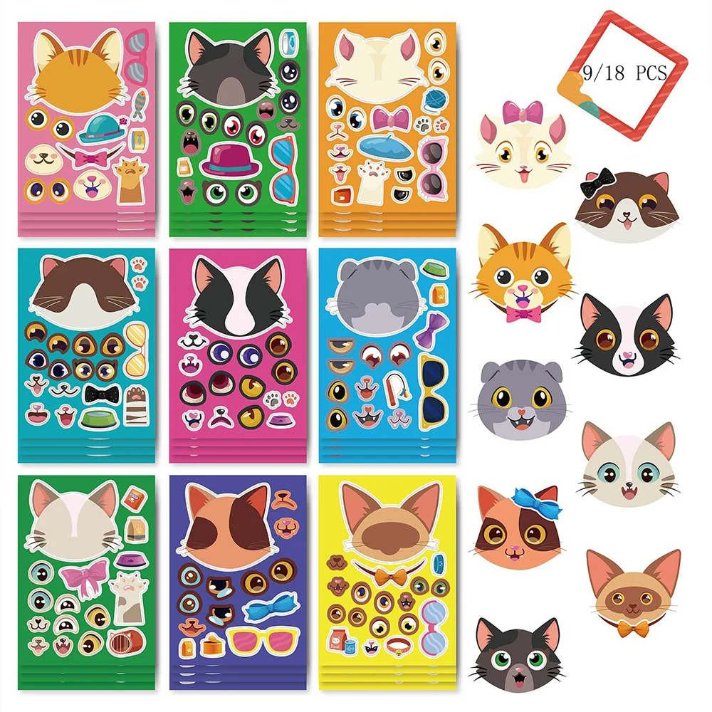 9/18Sheets Cute Animal Cat Make a Face Stickers Kawaii Puzzle Cartoon Decals DIY Assemble Jigsaw Kids Sticker Educational Toys montessori slide puzzle animal sliding logic game montessori educational wooden toys for ages 4 5 6 years old toddlers kids