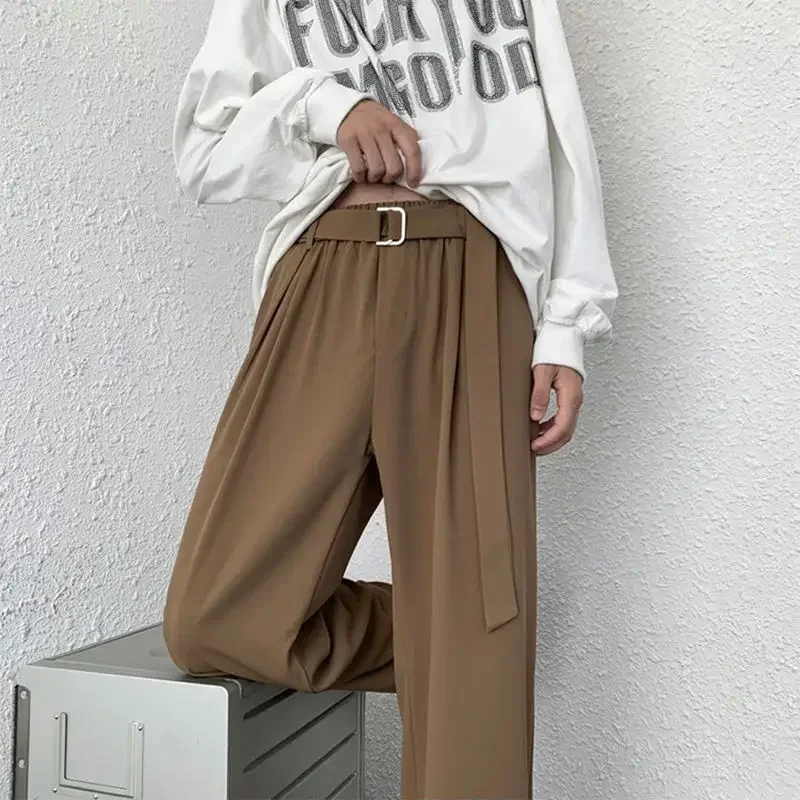 Pantalones de traje rectos marrones para hombre, pantalones de verano de pierna ancha para hombre, antiarrugas, reseñas coreanas, muchas sastrerías con estilo, moda 2024