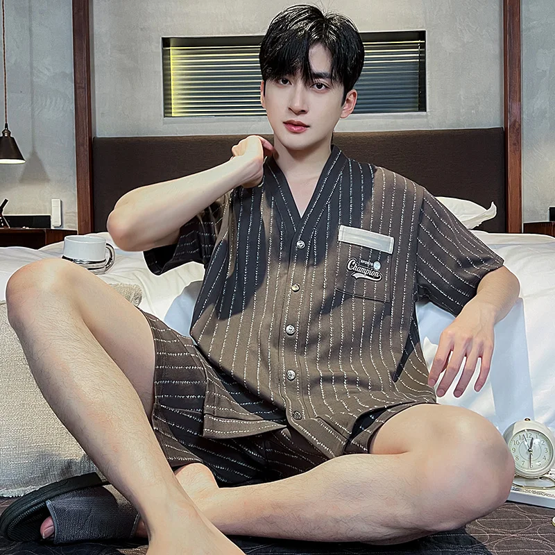 V 넥 기모노 코튼 잠옷 남성용 여름 반팔 반바지 잠옷 세트 어린 소년 Simple Homewear 빅 사이즈 L-3XL Pijamas