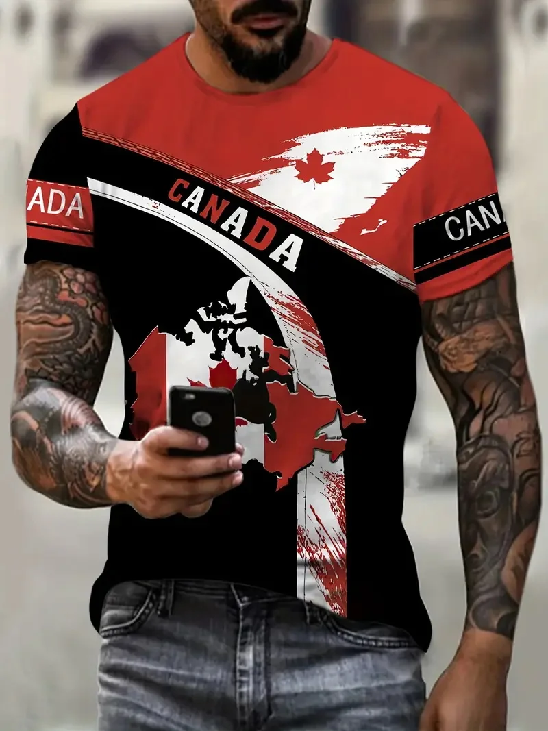 Men'S Canadian Flag & Maple Leaf Print T-Shirt Summer Short Sleeve Tee Shirts With Round Neck Mens Canada Day T Shirt Tops - 2