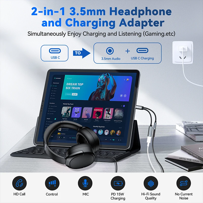 USB-C Audio and Charging Splitter Dongle with 3.5mm Headphone Jack and 15W Power Delivery