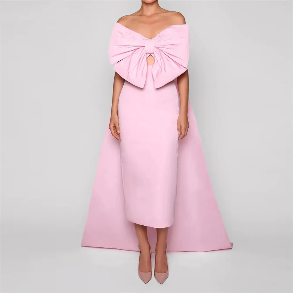 

Fashion Mermaid Pink Satin Open Back Large Bow Neckline with Split Back and Beautiful Calf Party Dress Customization