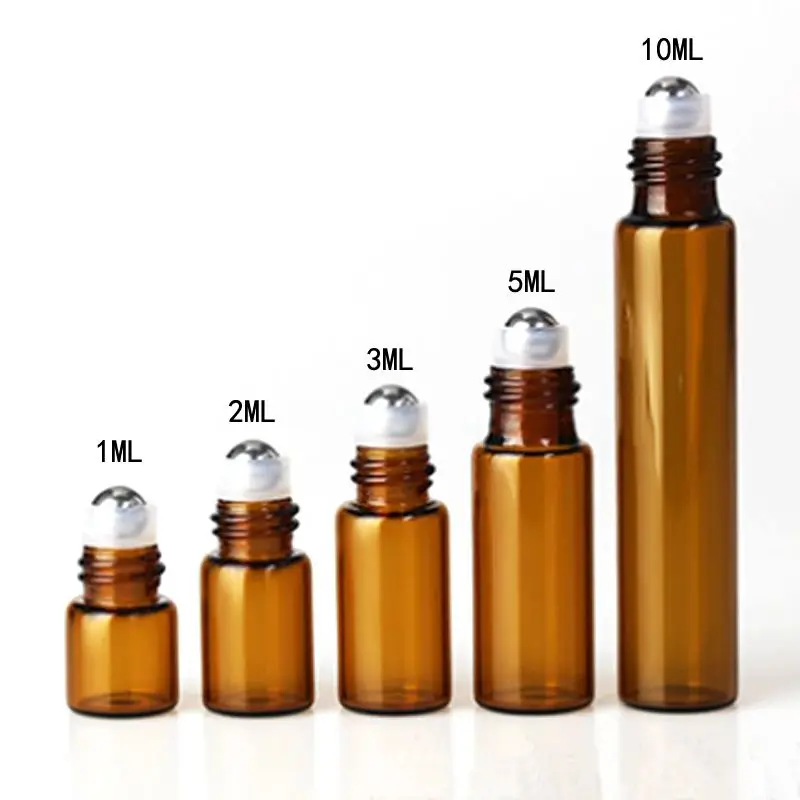 

3bag 1ml 2ml 3ml 5ml 10ml Thin Glass Roll on Bottle Oil Vials with Roller Metal /Glass Ball Sample Test Essential Amber