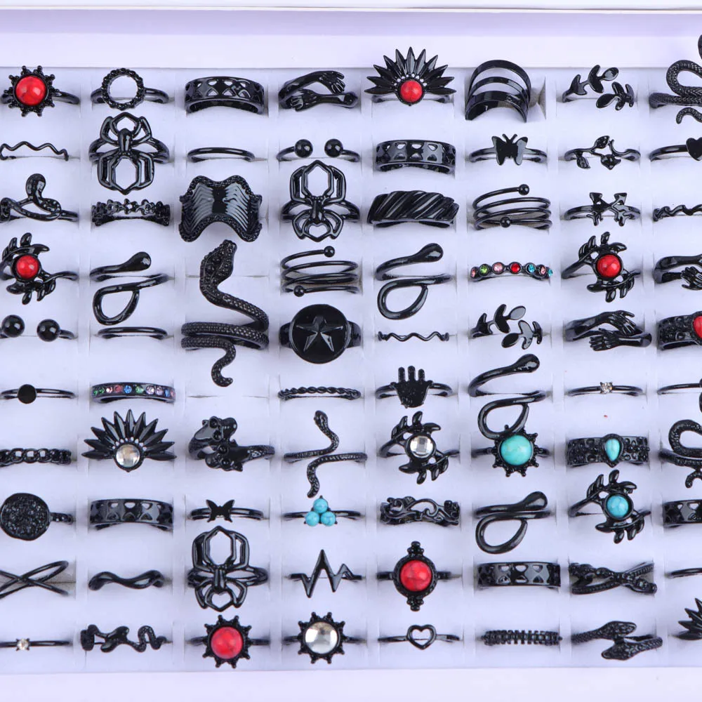 10/20/30/50Pcs/Lot Punk Finger Ring Set For Men Women Mix Style Flower Tai Ji Heart Love Snake Jewelry Party Gifts 4