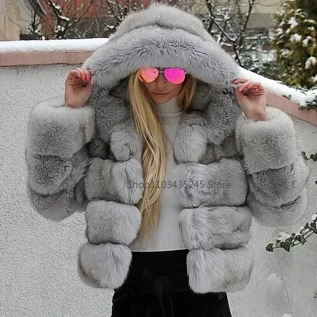 2025 New Luxury Faux Fox Fur Coat Women Short Winter Jacket with Big Fur Hood Thick Warm Overcoat Fashion Flurry Fake Fur Coats 4