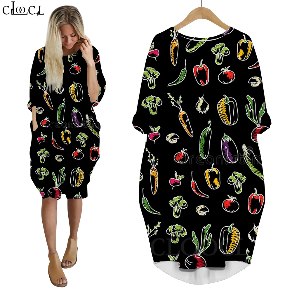 

CLOOCL Women Dresses Harajuku Long Sleeve Pullover Beet Radish Pepper Broccoli Vegetable Leaves 3D Printing Dress Pastoral Style