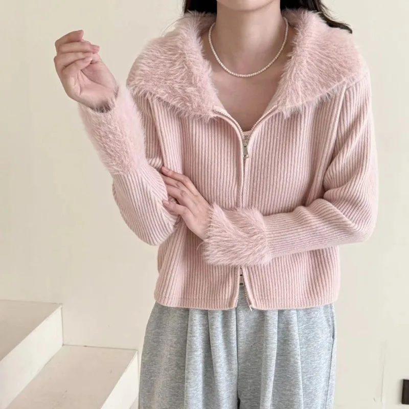 Fall and Winter Fashion Lapel Fleece Stitchwork Women's Cardigan Solid Color Sweater New Slim Straight Women's Casual Zip Jacket