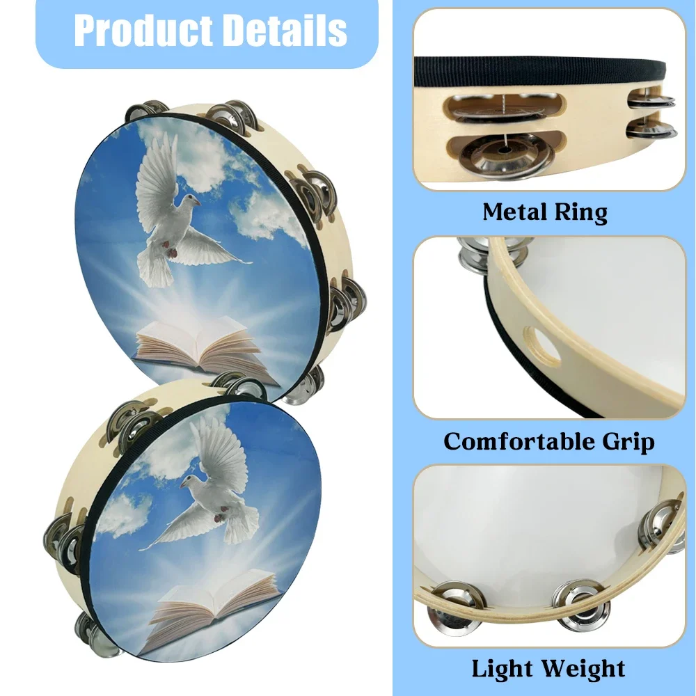 8/10-inch Double Layer Wooden Tambourine Hand Clap Bell Drum Blue Sky Peace Dove Pattern Shake Percussion Instrument Dance