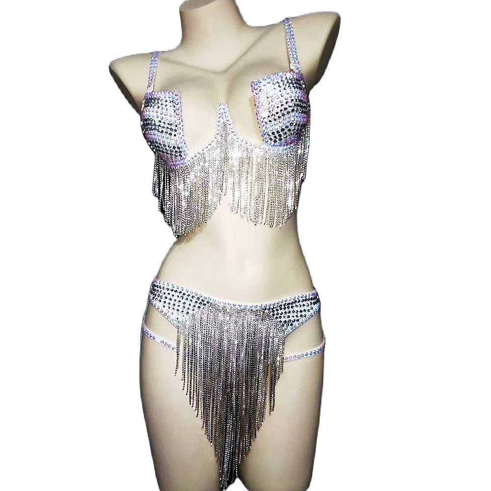 

Shining Silver Rhinestones Tassel Sexy Bikini Suit Nightclub Dance Show Wear Theatrical Costume For Women Performance Suit