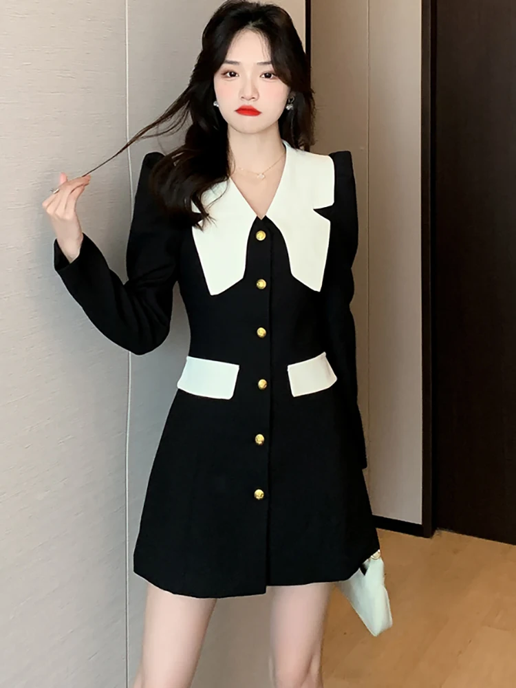 

White Long Sleeve Doll Collar Sexy Mini Robe Autumn Winter Women Single Breasted Office Lady Dress 2024 Black Korean Party Dress