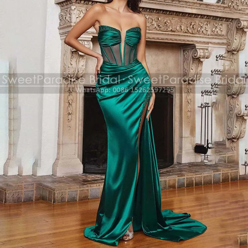 

Emerald Green Beaded Bridesmaid Dresswa Long Mermaid High Split Strapless Sheer Sheath Wedding Party Dresses For Women
