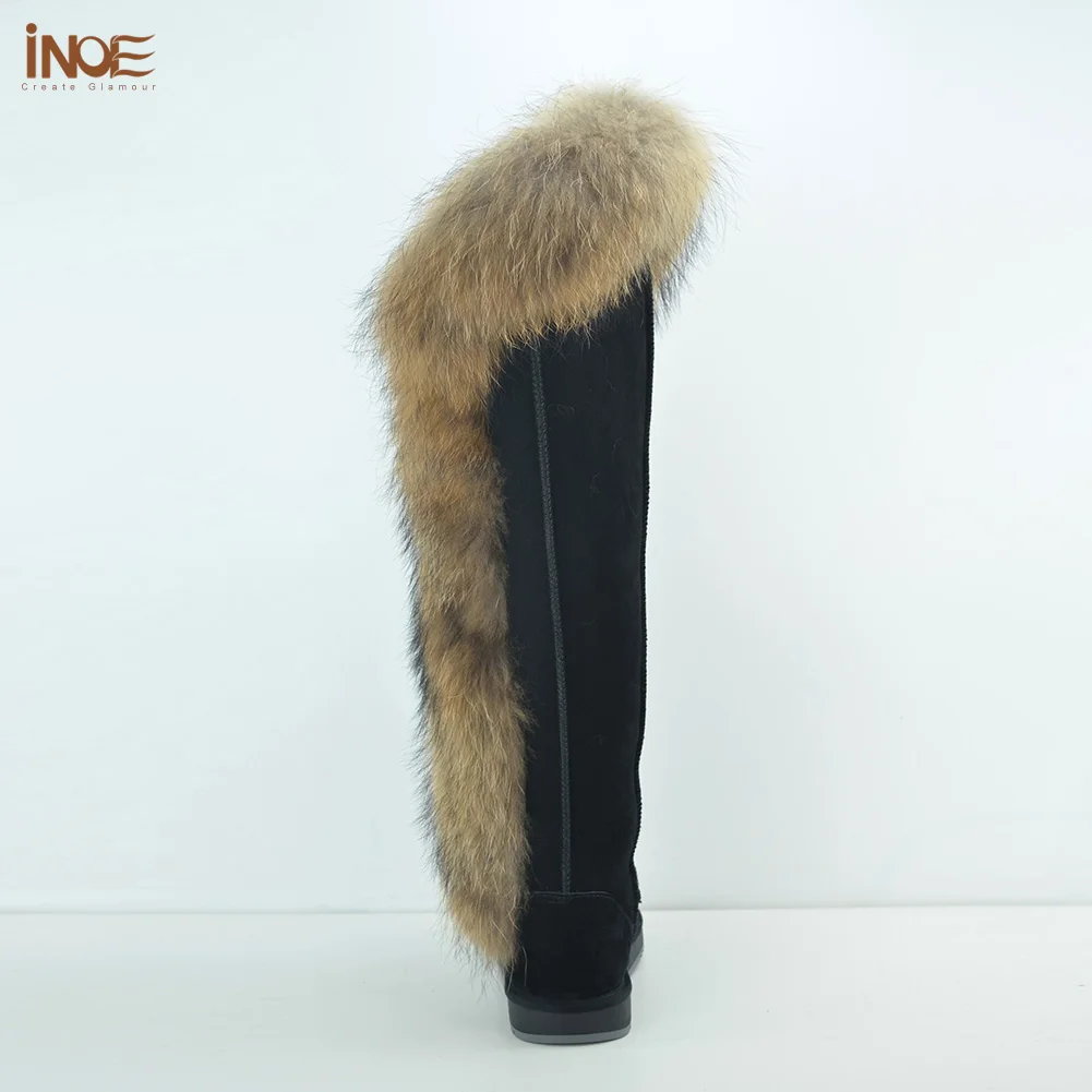 INOE Natural Fox Fur Cow Suede Leather Over the Knee Long Winter Boots for Women Snow Boots Warm Shoes High Quality Black 35-44