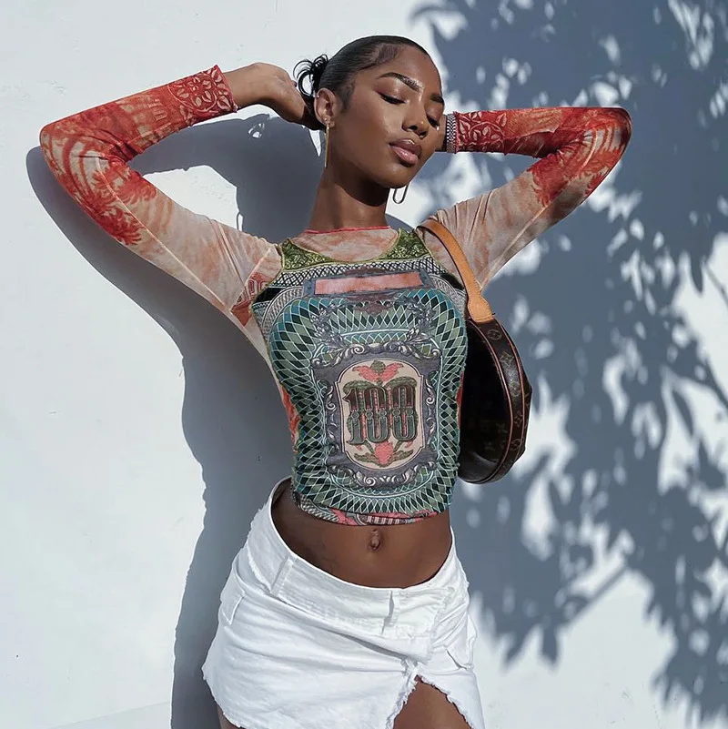 

Tie Dye Digital Printed Women Crop Top Long Sleeve Basic T Shirts 2023 Autumn Sexy See Through Mesh Night Club Party Pullovers