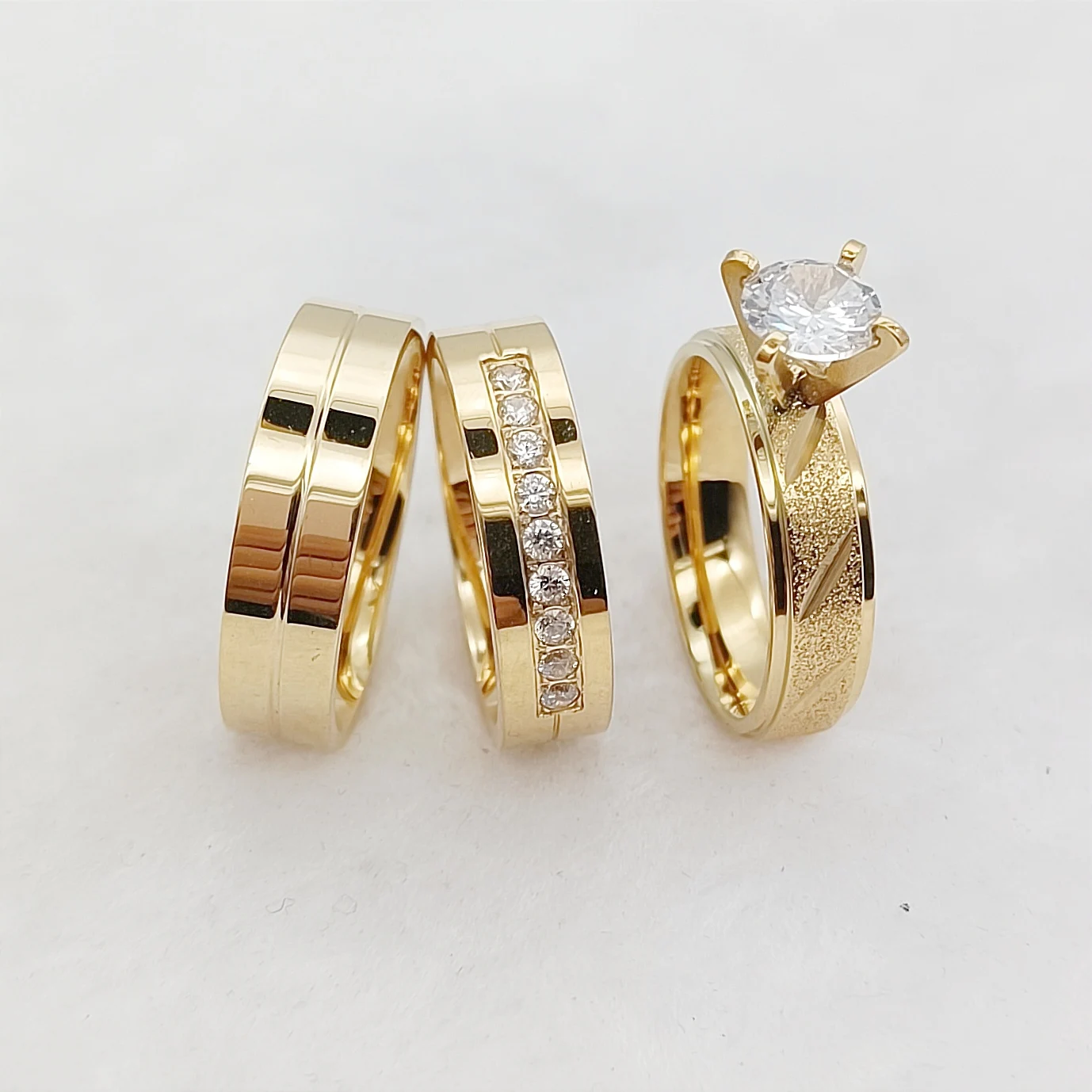 Anillos de Compromiso de boda para hombres y mujeres, joyas de acero inoxidable chapadas en oro de 24 quilates, conjuntos de novia, 3 piezas