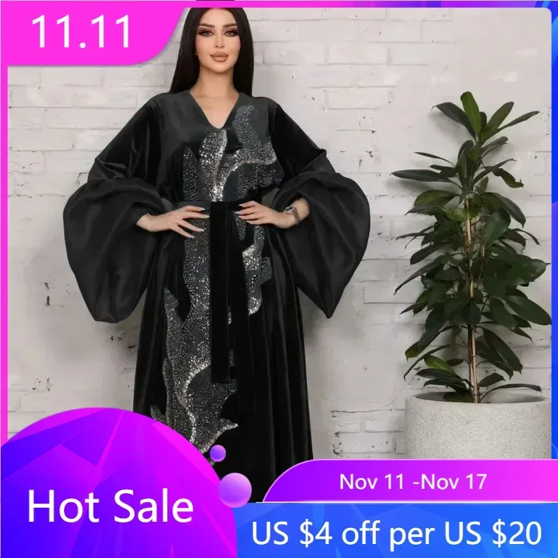 

Средневосточный мусульманский осенне-зимний женский халат бархатное платье с вышивкой блестками с пышными рукавами Вечерние платья абайя