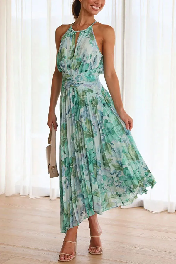 Fashion Print Halter Neck Dresses Women Hollow Out Backless Folds Sleeveless Irregular Hem Dress Trendy Lady Summer Vestidos New
