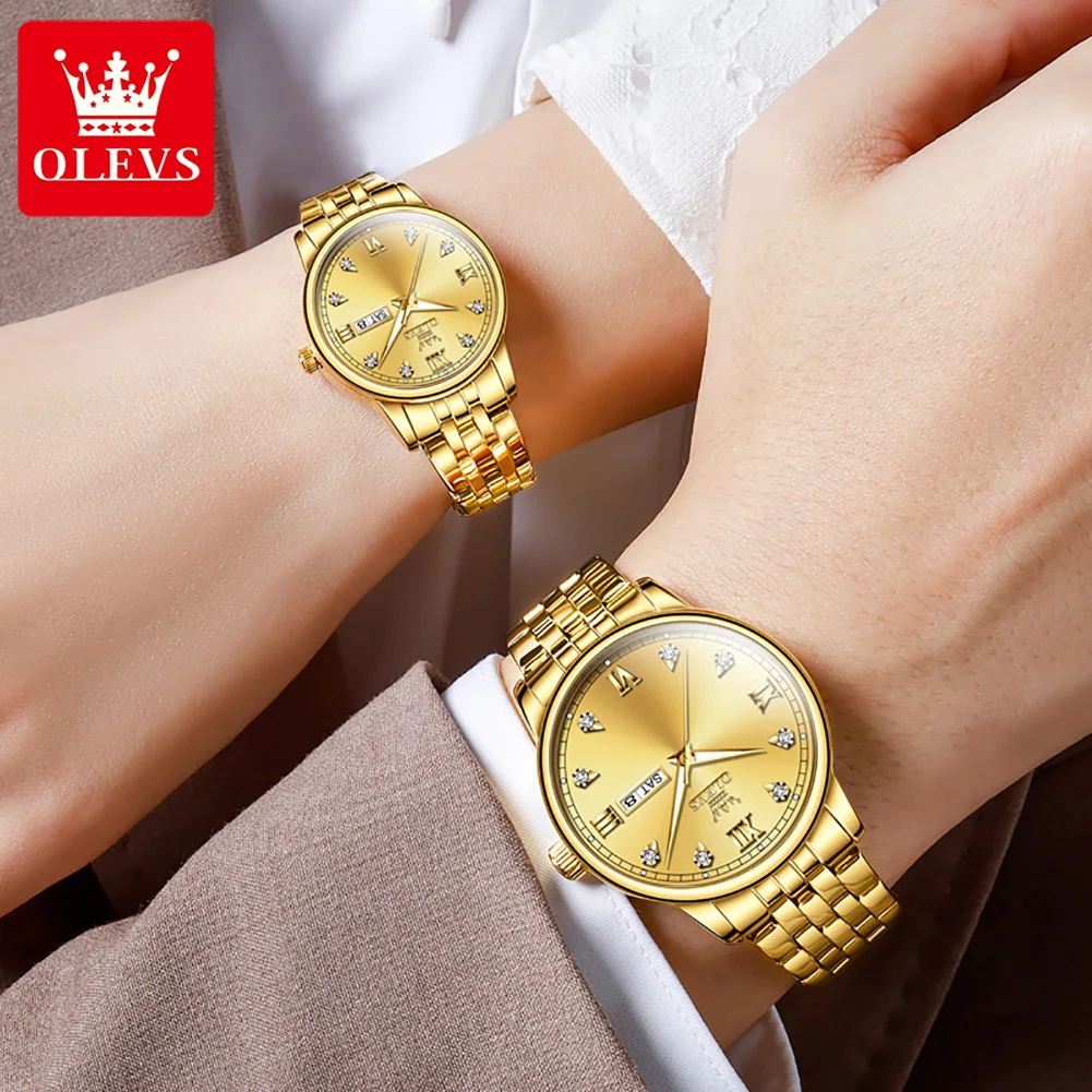 OLEVS New In Couple Watch Gold Diamond Dial Luxury Lover's Wristwatch for Men Women Quartz Watch His or Hers Watch 2pcs Set Gift