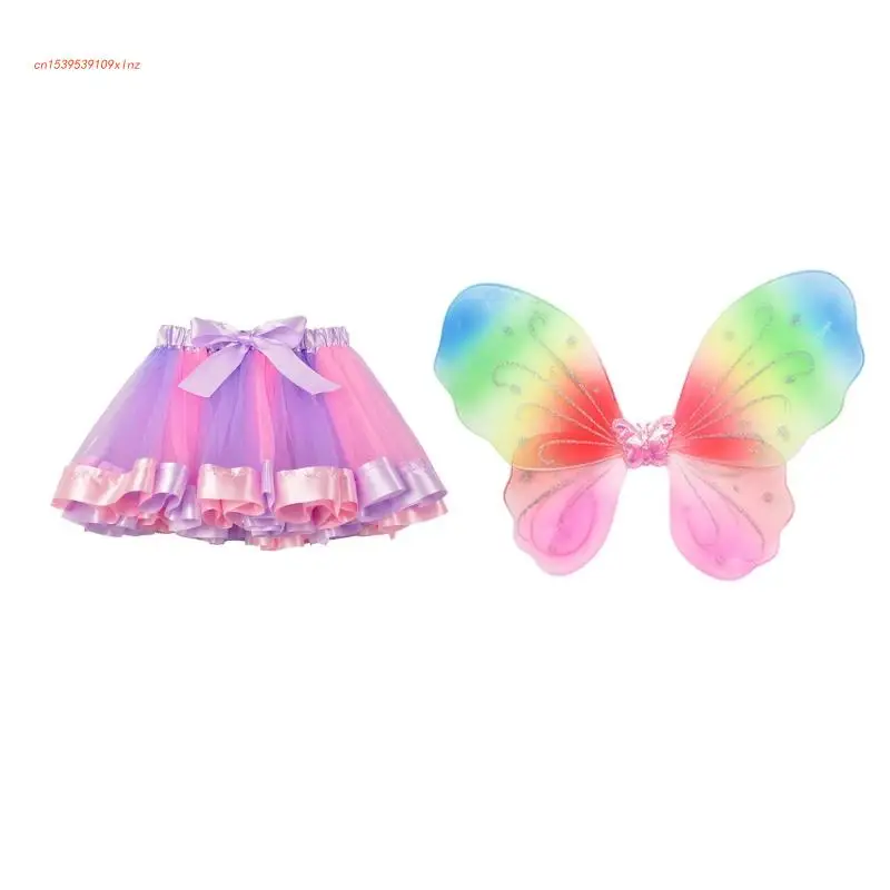 

Rainbow Wings Angel Wings with Tutu Skirt Princess Wings Girls Halloween-Cosplay Wings Kid-Fairy Costume Set