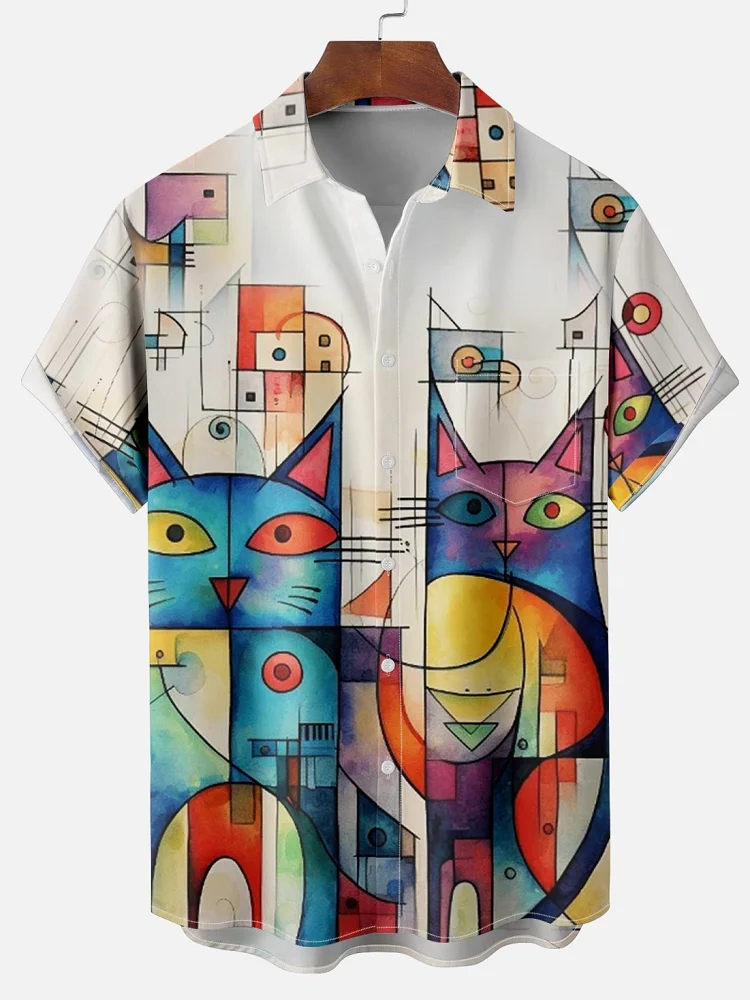 Cute Cat 2025 Hawaiian For Men Women Shirt Print Abstract Pattern Short Sleeve Loose Oversized Men's Summer Beach Casual Top 6