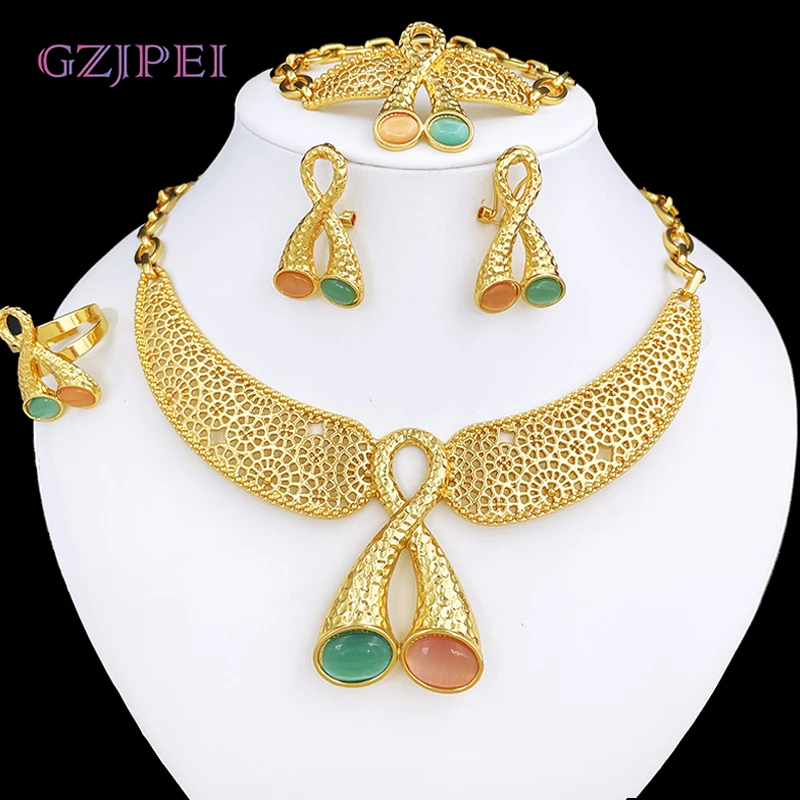 

Elegant Women Jewelry Set Dubai Gold Color Set Jewelry 18K Gold Plated Necklace Earring Ring Bracelet Daily Wear Free Shipping