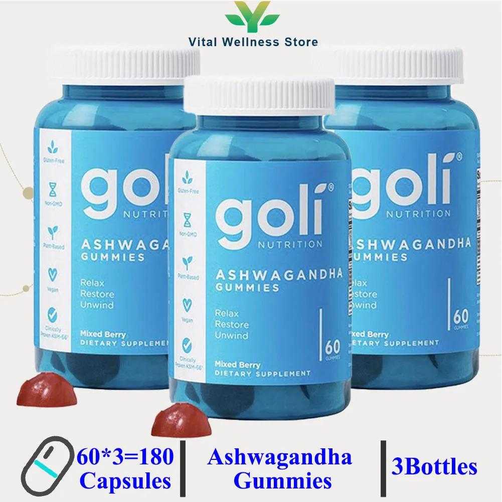 Ashwagandha Supplement 3 Bottles Ashwagandha Gummies Relieve Stress Improve Sleep Support Brain Health Muscle and Strength Boost Immunity Health