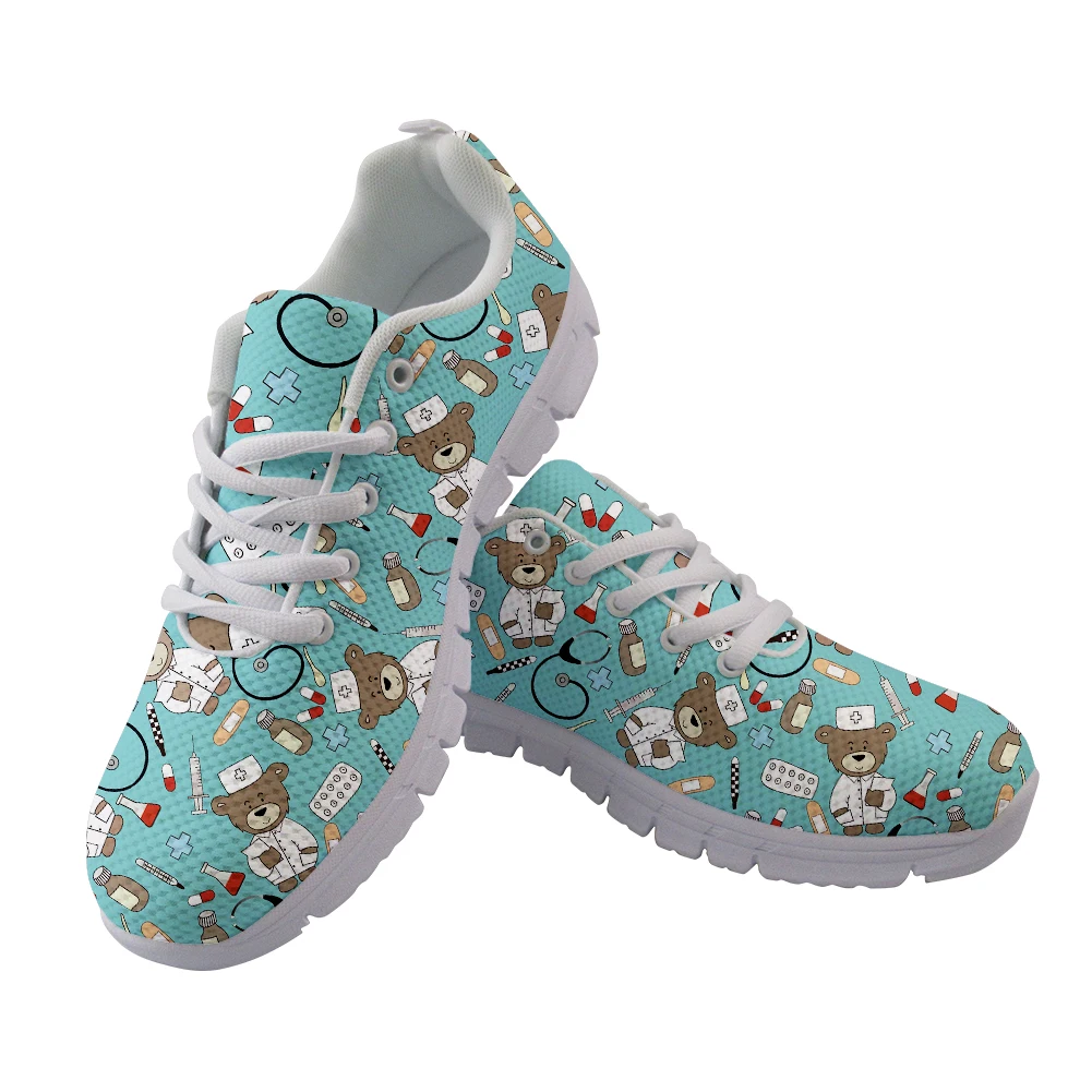 

Shoes 2023 Autumn Flats Shoes Woman Cute Cartoon Nurse Bear Print Female Lace Up Sneakers Gradient Nursing Lady Footwear