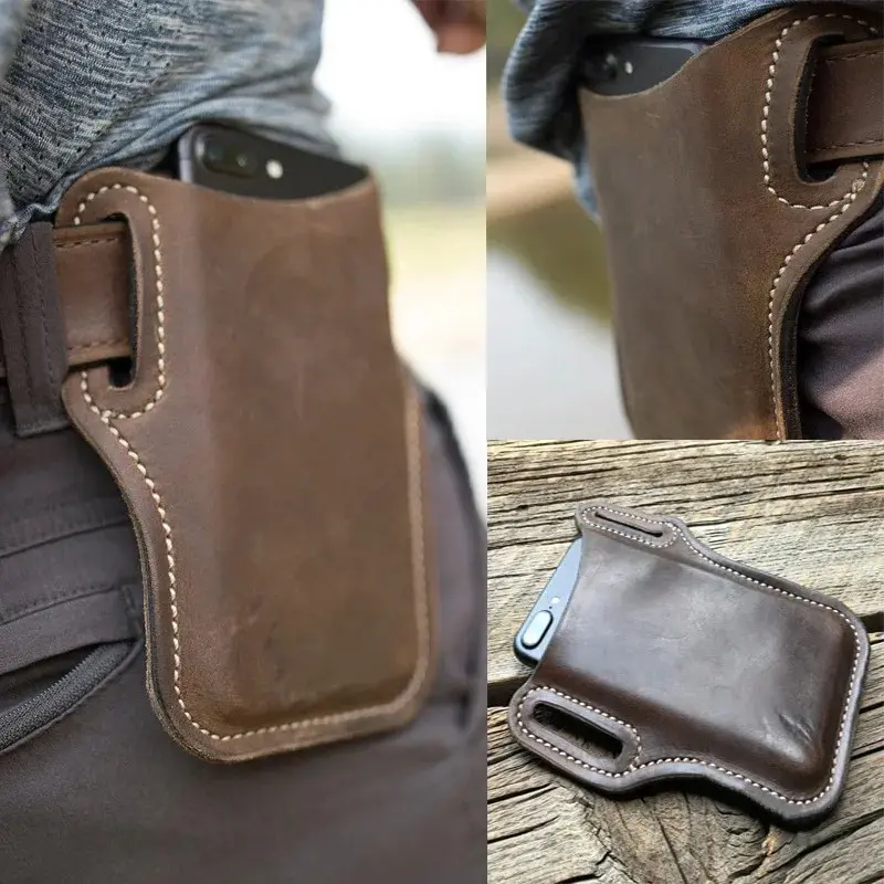 Phone Waist Bag 1PCS Retro Crazy Horse Leather Phone Waist Bag Wearing Belt Men Hanging Waist Bag Outdoor Sports Work Phone
