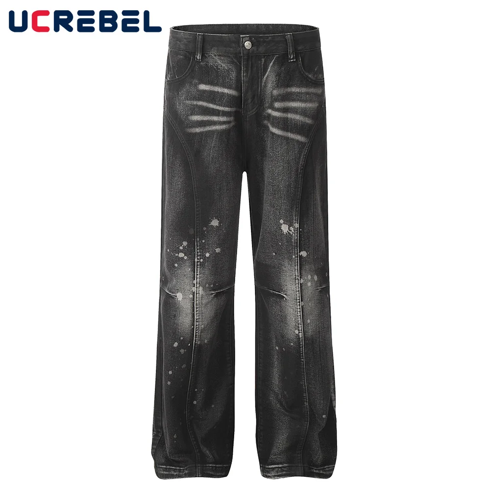 

Splash Ink Spliced Jeans Mens Washed Distressed High Street Loose Straight Wide Leg Denim Trousers Men Pants