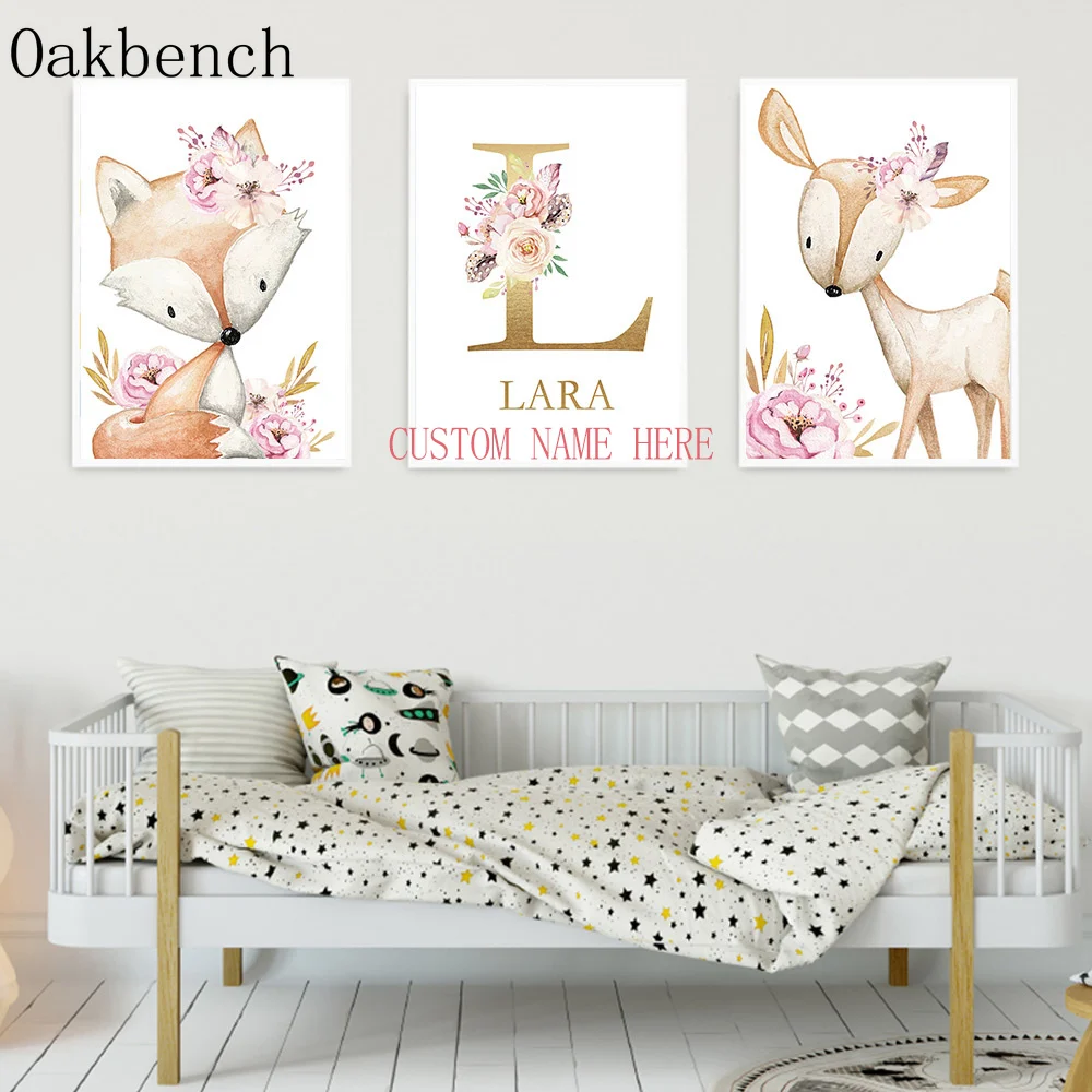 

Animals Canvas Poster Name Custom Wall Paintings Flowers Print Pictures Fox Deer Wall Art Nursery Posters Baby Kids Room Decor