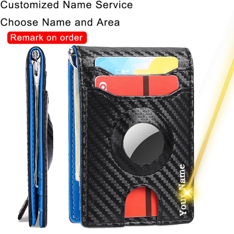 

Customized Name Logo Card Holder Carbon Retro Fiber Leather Wallet RFID Apple Airtags Tracker Card Case Purse Money Clips Wallet